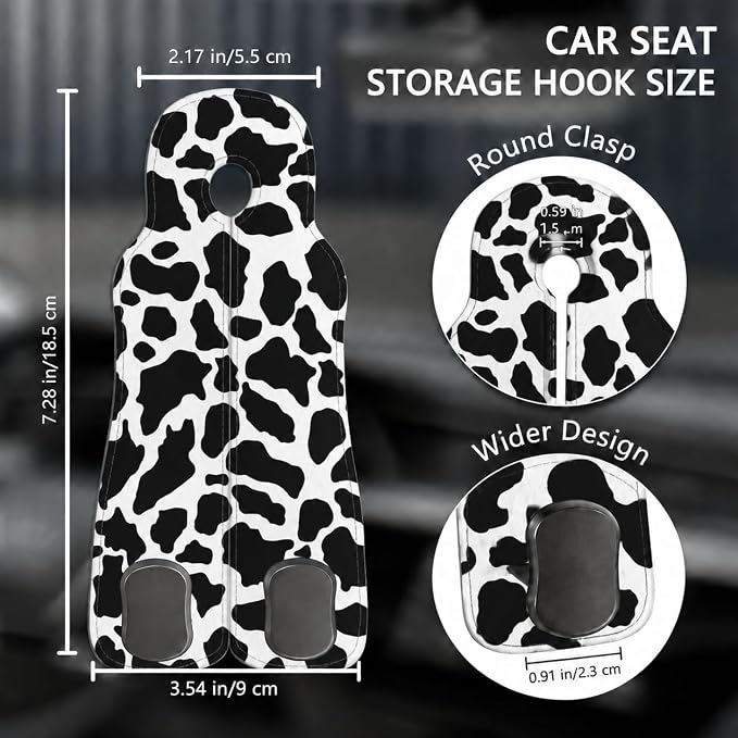 Cute Cow Car Seat Back Storage Headrest Hooks for Purses & Bags – 2PCS PU Leather Dual Metal Hooks, Backseat Organizer Accessories
