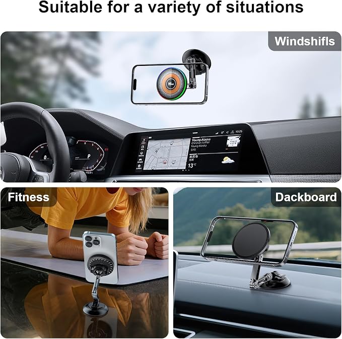 Magnetic Car Phone Holder, 15W for MagSafe Car Mount Charger(Fast Wireless Charging,Vacuum) 360°Adjustable Car Mount for Women Men iPhone 17-12