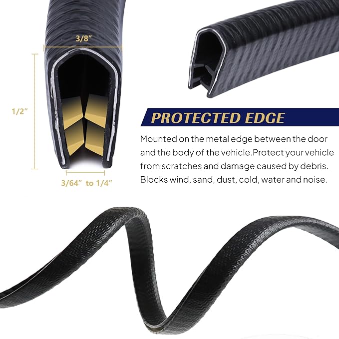Black Edge Trim U-Channel Rubber Seal Edge Trim with Metal 1/2" X 3/8" - Fit Gap 3/64" to1/4 Car Door Edge Sealing Strip,PVC Weather Stripping with Steel, Metal Edge Protector, 150FT