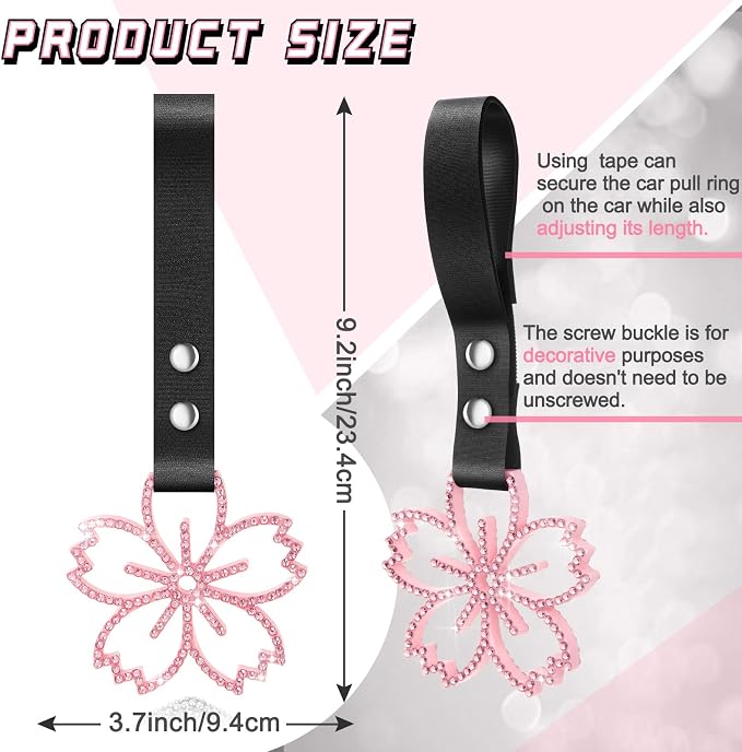 Cherry Blossoms Car Handle Strap Drift Charm Car Accessories Bling Handle Ring for Women Rear Bumper Warning Ring Decor for Auto Bus Interior Exterior Decoration (Pink, Sakura Style)