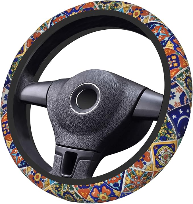 Mexican Talavera Tiles Style Steering Wheel Cover Auto Steering Wheel Protector Anti-Slip Breathable and Sweat Absorption Universal Car Accessories15 Inch Fit Auto Sedan Vans Trucks SUV