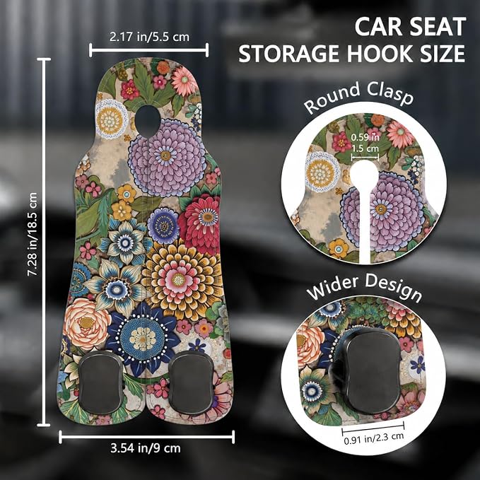 Cute Boho Floral Car Seat Back Storage Headrest Hooks for Purses & Bags – 2PCS PU Leather Dual Metal Hooks, Backseat Organizer Accessories