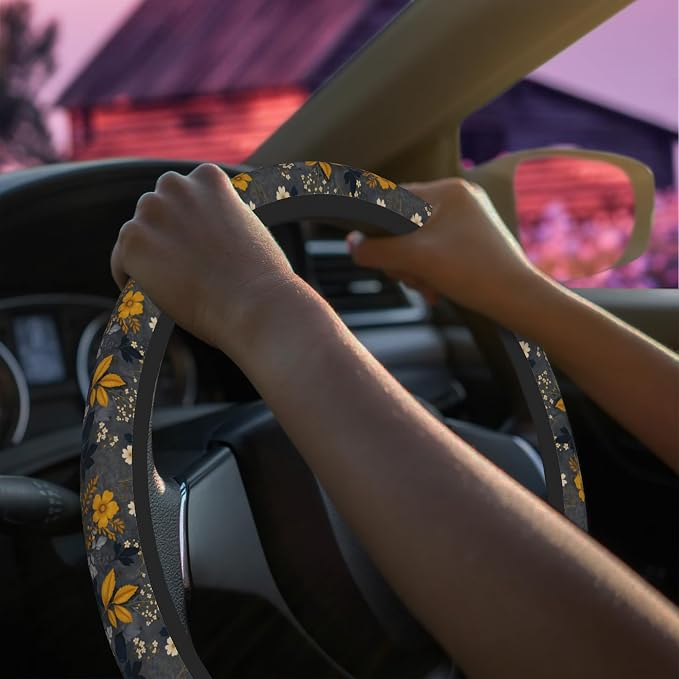 Yellow Wildflower Steering Wheel Cover for Women Men Neoprene Breathable Vintage Floral Wheel Cover Protector Anti-Slip Car Accessories Universal 15 Inch Fit for Cars Trucks Vehicles