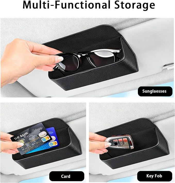 Universal Car Sunglasses Holder for Sun Visor, Premium Magnetic Leather Eyeglass Hanger Clip & Visor Organizer, Large Capacity Car Interior Accessories Fit for Women Men Grey