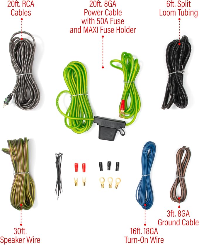 BP8K 8 Gauge Car Amplifier Installation Wiring Kit - A Car Amp Wire Kit Helps You Make Connections and Brings Power to Your Radio, Subwoofers and Speakers