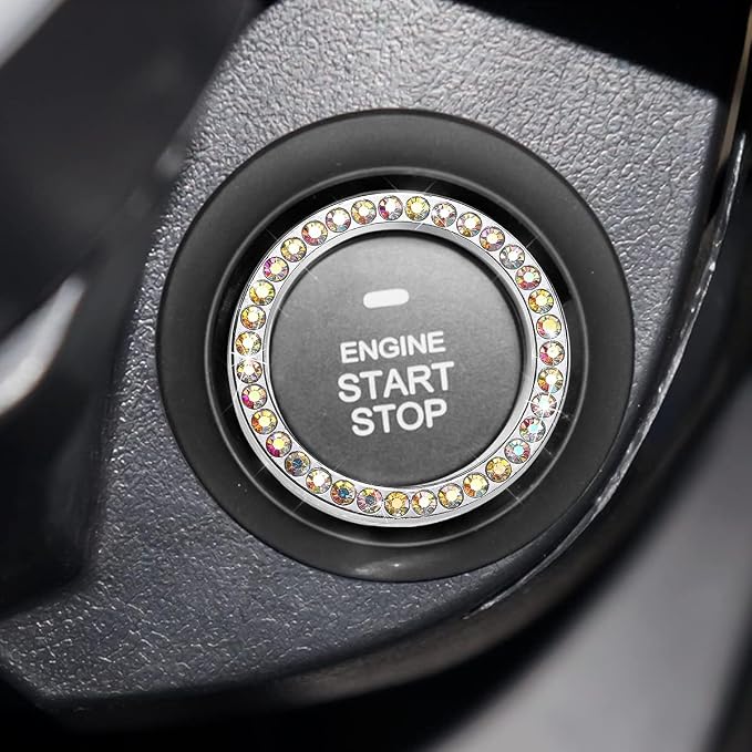 Bling Car Engine Start Ring Decals, 2PCS Crystal Rhinestone Vehicle Push Start Button Cover Sticker, Key Ignition Knob Ring, Sparkling Automotive Interior Accessories (AB Color)