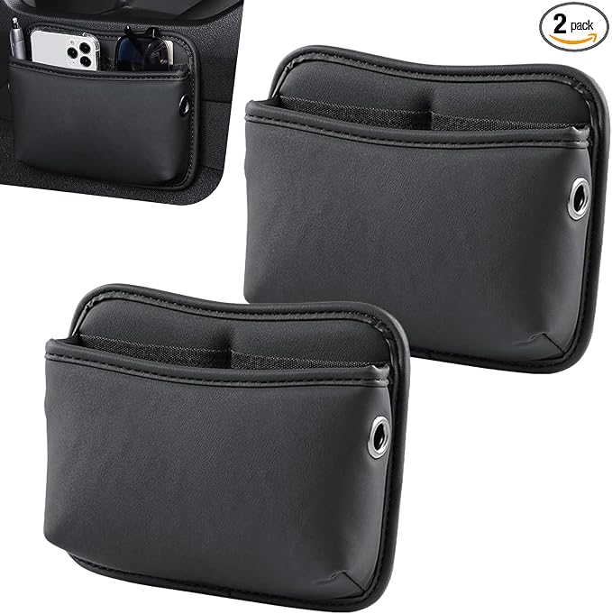 2 PCS Car Seat Side Storage Pocket, PU Leather Multifunctional Car Interior Organizer Bag for Phone Keys Sunglasses Wallet Holder, Universal for Cars Seat Door Console (Black)