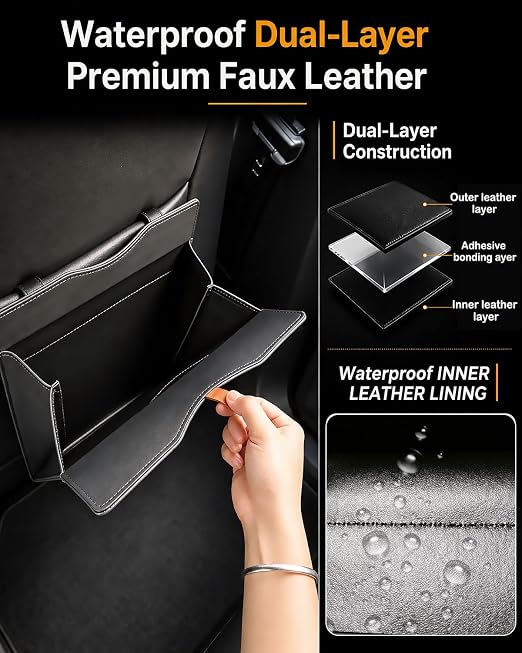 Leather Car Trash Can, Leak-Proof Odor-Lock Car Garbage Can with 60 Liners, Magnetic Closure & Liner-Hold, Storage Pocket, Metal Hooks, Hanging Car Trash Bin for SUV Sedan Truck, Black