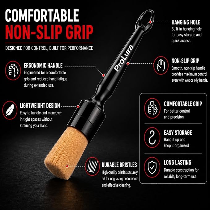 6PCS Car Detailing Brush Set - 2 Boar Hair Brushes, 2 Ultra Soft No-Scratch Brushes & 2 Medium Detail Brushes for Car Interior & Exterior Cleaning | Car Detailing kit