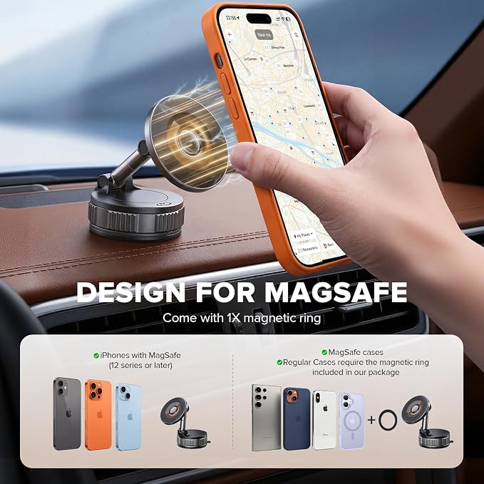 Magnetic Car Phone Mount for MagSafe, 360° Suction Cup Holder | 98lb Vacuum Suction, N55 Magnets, Twist-Lock Nano Gel Cup, Dual-Axis Arm, Foldable Pocket Size, Adjustable, iPhone 12–17