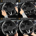 Flat Bottom Car Steering Wheel Cover for Nissan,D Shaped Steering Wheel Cover for Rogue,Altima,Kicks (Black+Gray-Standard Size)