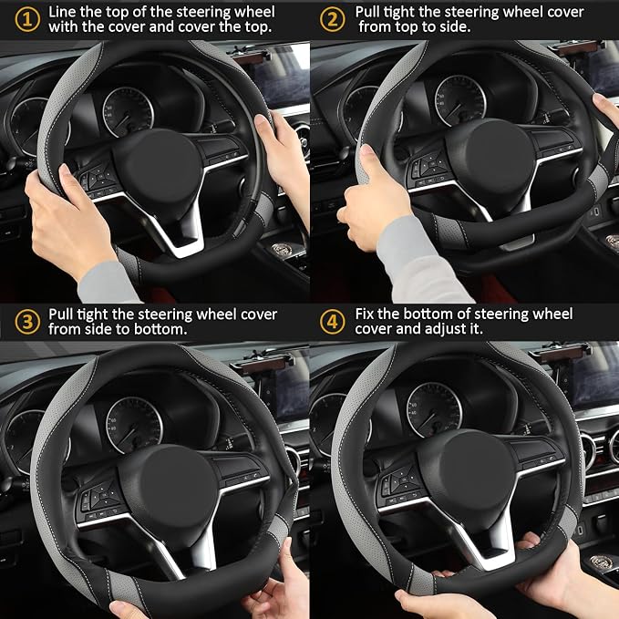 Flat Bottom Car Steering Wheel Cover for Nissan,D Shaped Steering Wheel Cover for Rogue,Altima,Kicks (Black+Gray-Standard Size)
