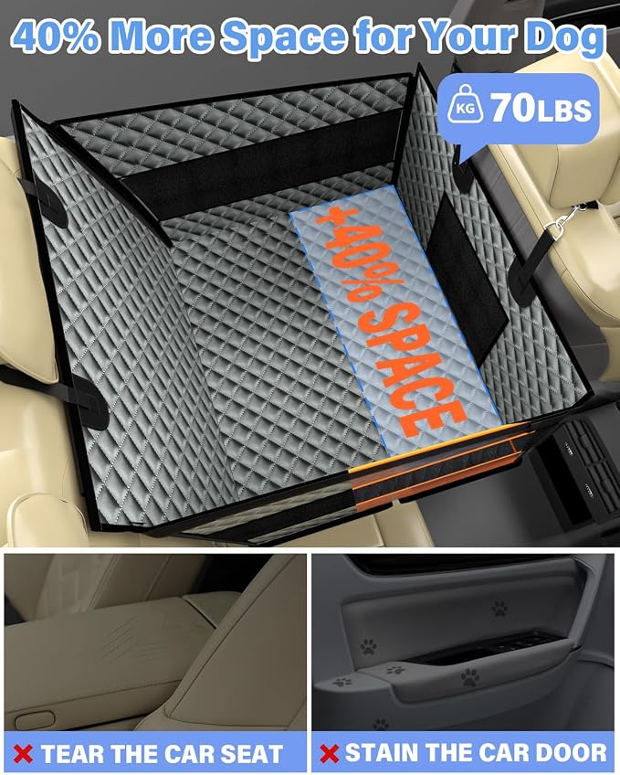 Dog Car Seat for Large Dogs, Back Seat Extender for Dogs, Foldable Pet Car Seat with Waterproof Oxford Fabric and Non-Slip Bottom, All-Around Protection and Strong Support, Grey