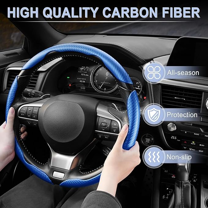 3pcs Carbon Fiber Anti-Skid Steering Wheel Cover, Waterproof & Segmented Butterfly Design, Universal 99% Vehicle Wheel Cover Protector, Car Interior Accessories, Blue