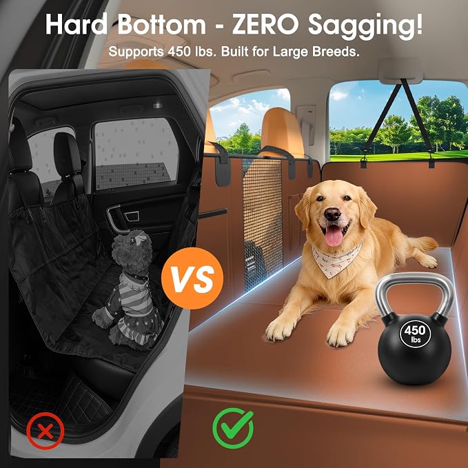 Hard Bottom Dog Car Seat Cover for Back Seat, 52"x65" Waterproof PU Leather Hammock with Side Flaps, Non-Slip Heavy Duty Protector for SUVs & Mid-Size Trucks, Supports Up to 450 lbs – Brown