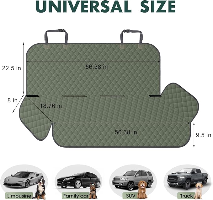 Backseat Cover for Dogs, Waterproof and Non-Slip Pet Bench Seat Covers, Car Seat Protector for Back Seat, Universal Size Rear Car Seat Cover Fits Cars, Trucks and SUVs, L-Army Green&Grey