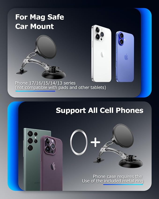 Magnetic Phone Holder for iPhone MagSafe Car Mount, Vacuum 360°Adjustable Car Phone Holder（Dashboard & Windshield） Magnet Cell Phone Holder Mount for iPhone 17/16/15/14/13 Android Galaxy