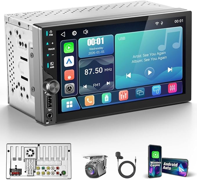 【 2026】7" QLED Double Din Car Stereo Wireless Apple Carplay& Android Auto,Car Radio upgrade AHD Backup Camera, 2.5D Hardened Tempered Touch,Extra Filter,DSP, Bluetooth, MirrorLink, SWC, FM/AM