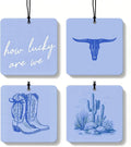 Blue Boho Western Orange Car Air Freshener 4 Pcs, Preppy Cow Skull Cactus Cowgirl Boots Square Hanging Air Freshener for Closet Drawer Books, Western Car Accessories Mirror Decor for Women