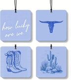 Blue Boho Western Orange Car Air Freshener 4 Pcs, Preppy Cow Skull Cactus Cowgirl Boots Square Hanging Air Freshener for Closet Drawer Books, Western Car Accessories Mirror Decor for Women