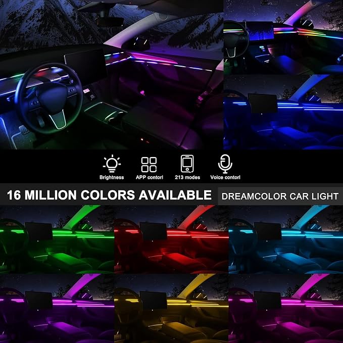 Dreamcolor Acrylic Interior Car LED Strip Light with USB/Type C, RGB 6 in 1 with 179.24 Inch LEDs Strip, Dynamic Chasing Music Sync Neon Ambient Lighting Kits