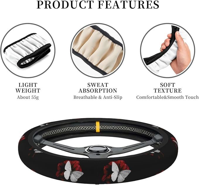 Elastic Butterfly Car Steering Wheel Cover Protector Upgrade Thicken,Red Flower Black,Anti Slip Stretchy Soft Car Interior Decor for Diverse Cars Truck SUV for Men Women Universal 15 Inch