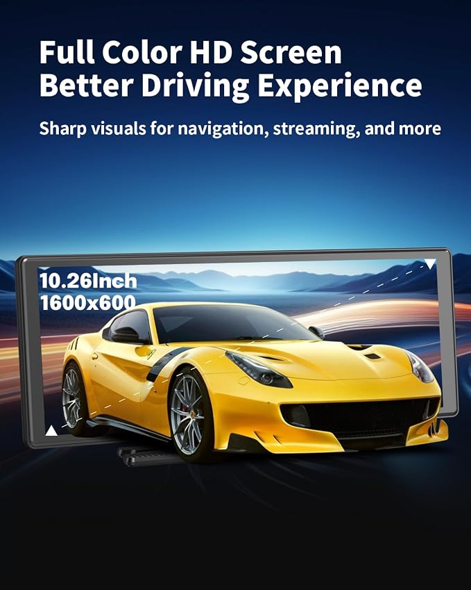 10.26 Inch Wireless CarPlay Screen for Car, Apple CarPlay & Android Auto Touch Screen with Rear Camera, BT Music, Navigation, Voice Control for Vehicles