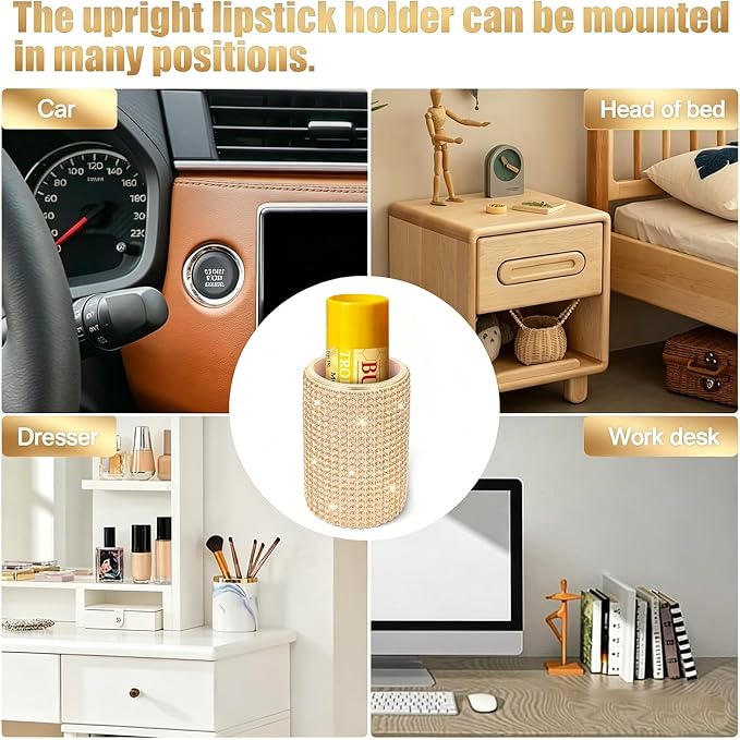 Upright Car Chapstick Holder, Bling Insulating Lip Balm Holder,Rhinestone Car Accessories for Women Interior,Suitable for Most Vehicles. (Champagne Gold)