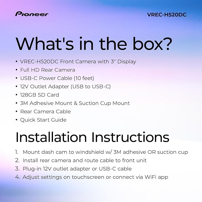 VREC-H520DC Dual Dash Cam Front and Rear Car Camera - Large Screen, 2K Resolution, Starvis Night Vision, 140 Degree Wide Lens, ADAS Safety Alerts, Built In GPS, Impact Detection, 24/7 Coverage
