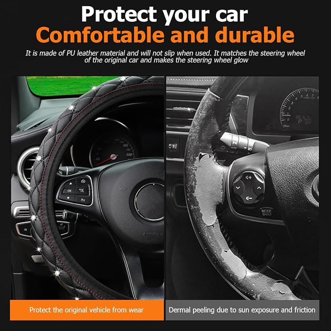 Bling Car Steering Wheel Cover, Non-Slip Elastic Stretch Leather Auto Steering Wheel Protector, Sparkling Diamond Vehicle Decor Accessories for Women Girls, Universal for Vehicles (Black)