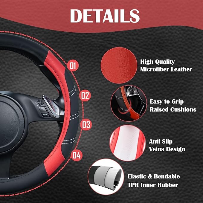 Line Rider Microfiber Leather Sporty Steering Wheel Cover Universal Fits for 95% Truck,SUV,Cars,14.5-15inch Anti-Slip Safety Comfortable Desgin (Black-Red)