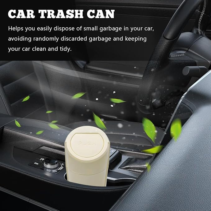 Car Trash Can Bin with Lid, Mini Vehicle Cup Holder Organizer Leakproof Garbage Bin, Waterproof Cup Type Trash Can Multi-Function Storage Container for RV Home Office (Beige)