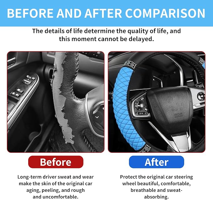 Bling Car Steering Wheel Cover, 15 Inch Rhinestones Soft Leather Elastic Steering Wheel Protector, Sparkly Crystal Diamond for Women, Car Interior Accessories for Most Cars (Blue)
