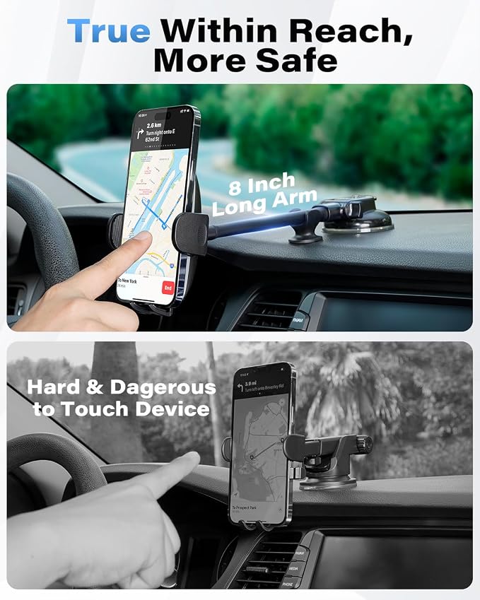 Solid Car Truck Phone Mount Holder with Thick Gooseneck Long Arm, Windshield Window Mobile Holders w/Industrial-Strength Suction Cup, Anti-Shake Stabilizer Compatible All Cell Phones, Black