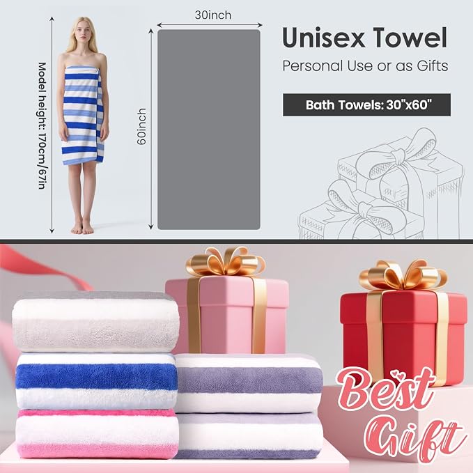 Bath Towels, Pack of 4, 30"x60", Large Microfiber Towel Set, Ultra Soft, Super Absorbent, Fast Drying, Perfect for Suana, Shower, Pool, Sport, Travel, Fitness, SPA,Yoga, Cabana Stripe Blue