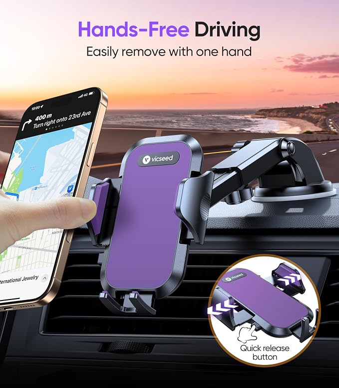 Purple Phone Holders for Your Car [Upgraded True Military-Grade Strongest Suction] Cell Phone Mount for Car Dashboard Windshield Vent Truck Boat Stand Adjustable for iPhone Android