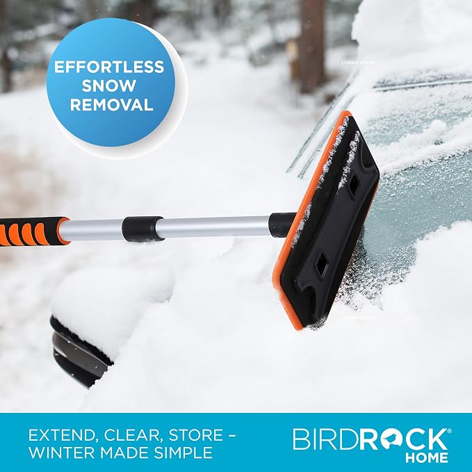 36" Extendable Snow Pusher Brush & Detachable Ice Scraper for Cars | Aluminum Grip for Car, Truck, SUV | Safe on Auto Windshield & Windows | Wide Frost Remover for Semi & Small Vehicles