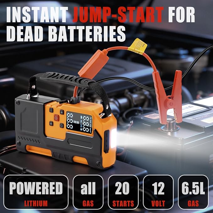 Car Roadside Emergency Kit, Jump Starter with Air Compressor, First Aid Kit, Tow Rope, Roadside Safety Emergency Tool Kit for Women, Men, Teen (Orange)