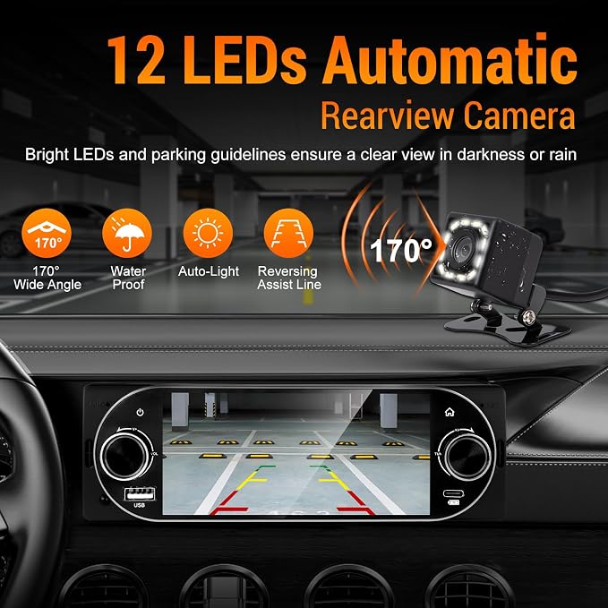 Single Din Car Radio with Apple CarPlay, Backup Camera，External Mic,Single Din Touchscreen Radio Supports Android Auto, Bluetooth, Dual Physical Knobs,SWC, EQ, FM Radio (Black)
