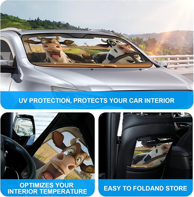 Funny Cows Foldable Windshield Snow Cover, Reflective Accordion Car Windshield Snow Cover, Sun Visor for Car Windshield, Ultimate Heat & UV Protection, Suitable for Most Cars, 54" L x 27.6" W