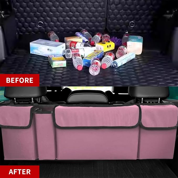 Car Trunk Organizer, Backseat Hanging Large Storage with Adjustable Straps,Waterproof PVC Collapsible Cargo Bag, Car Interior Accessories for Auto SUV MPV (Pink)