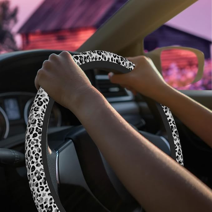 Black and White Leopard Print Steering Wheel Cover for Women Men Neoprene Breathable Wheel Cover Protector Anti-Slip Car Accessories Universal 15 Inch Fit for Cars Trucks Vehicles