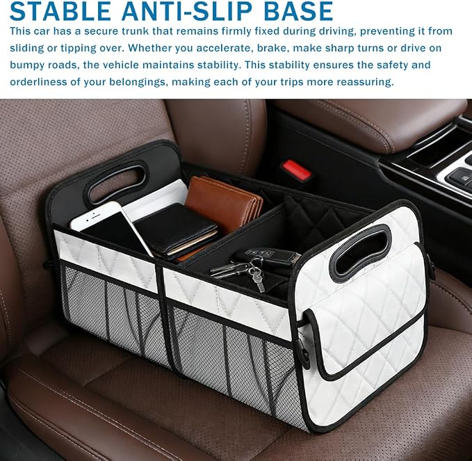 Car Trunk Organizer, Car Organizers and Storage, Large Capacity Vehicle Storage Bag with 6 Pockets, Auto Accessories Foldable & Portable Cargo Organizers for SUV Minivan Truck (White)