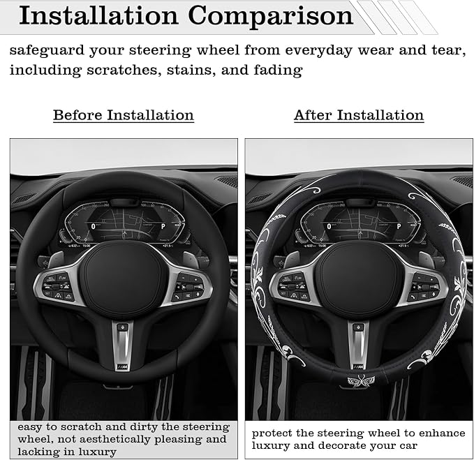 Car Leather Steering Wheel Cover - Panapi Material, Universal 14.5-15 Inch Leather Anti-Slip Breathable Auto Steering Wheel Covers for Men Women (Embroidery-White)