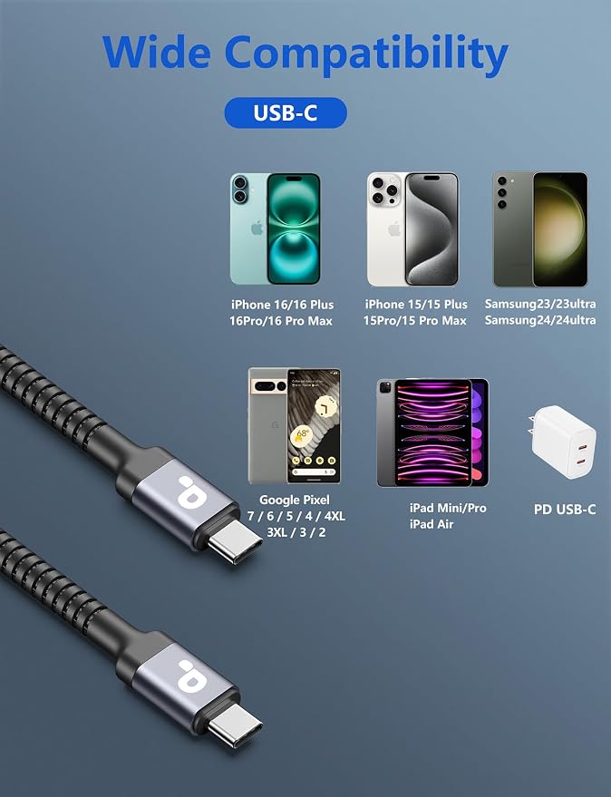 USB C Cable 3FT, 2Pack USB-C to USB-C Charger Cable, USBC Fast Charging Nylon Braided USBC iPhone Charger Cord Compatible with iPhone 16/15/Pro Max/PlusSamsung Galaxy S23/LG and More