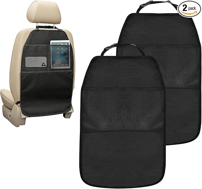 2 PCS Kick Mat Back Seat Protector, Waterproof Auto Seat Back Protective Cover with 2 Mesh Pockets, Large Backseat Kick Mat Protector Storage Organizer for Most Cars
