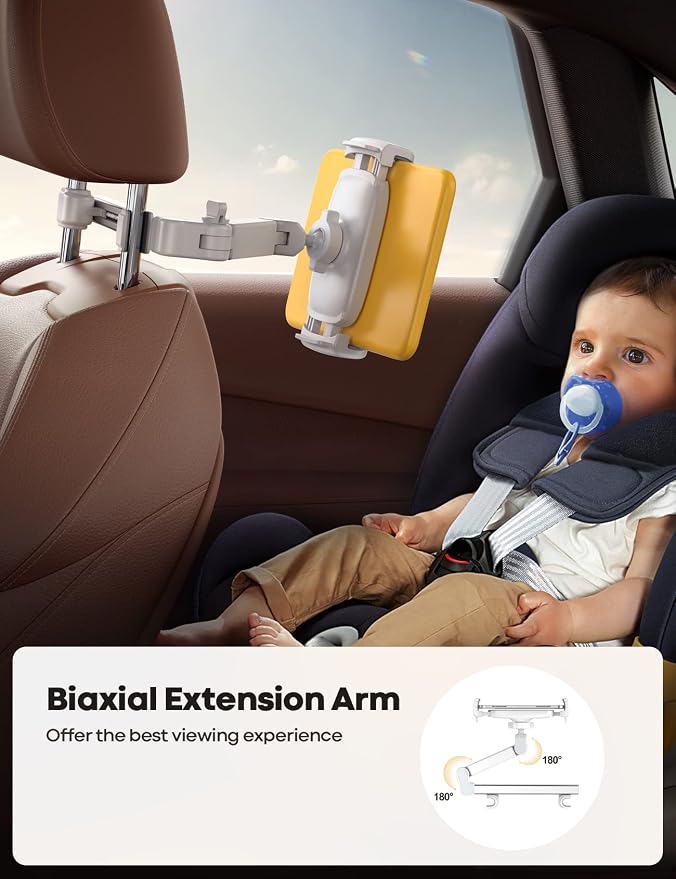 Car Headrest Tablet Holder - [Extension Arm] Upgrade Adjustable Tablet Car Mount for Back Seat, Road Trip Essentials for Kids, for 4.7-11" Device like iPad Pro, Air, Mini, Galaxy, Fire, White
