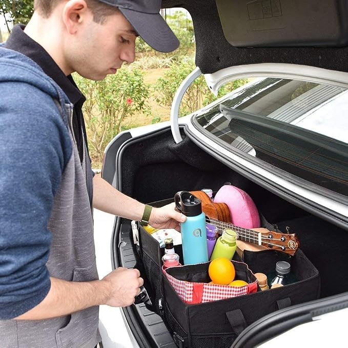 Trunk Organizer for SUV, Sturdy Car Organizer, Non-Slip Bottom, Folded Storage Organizer for Sedan, Van, Jeep, Grocery, Car Organization for Men, Women, Large 3 Compartments, Classic Blk