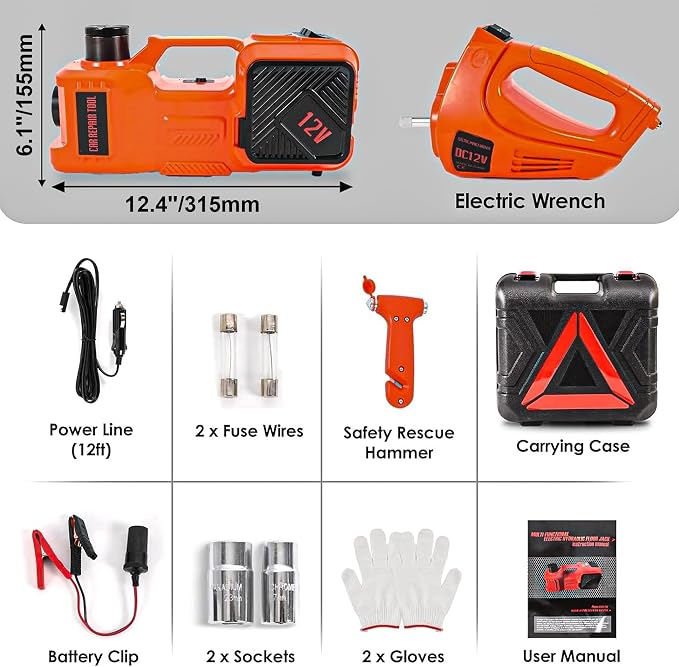 Electric Hydraulic Car Jack Kit with Impact Wrench and Tire Inflator Pump, 5 Ton 12V Hydraulic Jack for SUV Sedans Tire Change with LED Light