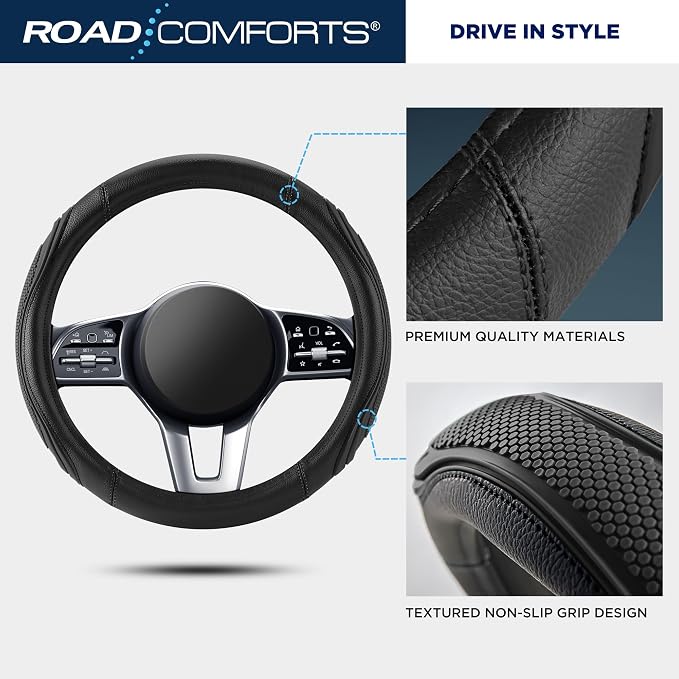 Car Steering Wheel Cover - Microfiber Leather Steering Wheel Wrap Sports 14.5-15 Inch Steering Wheel Cover Non-Slip for Men Women Black Color